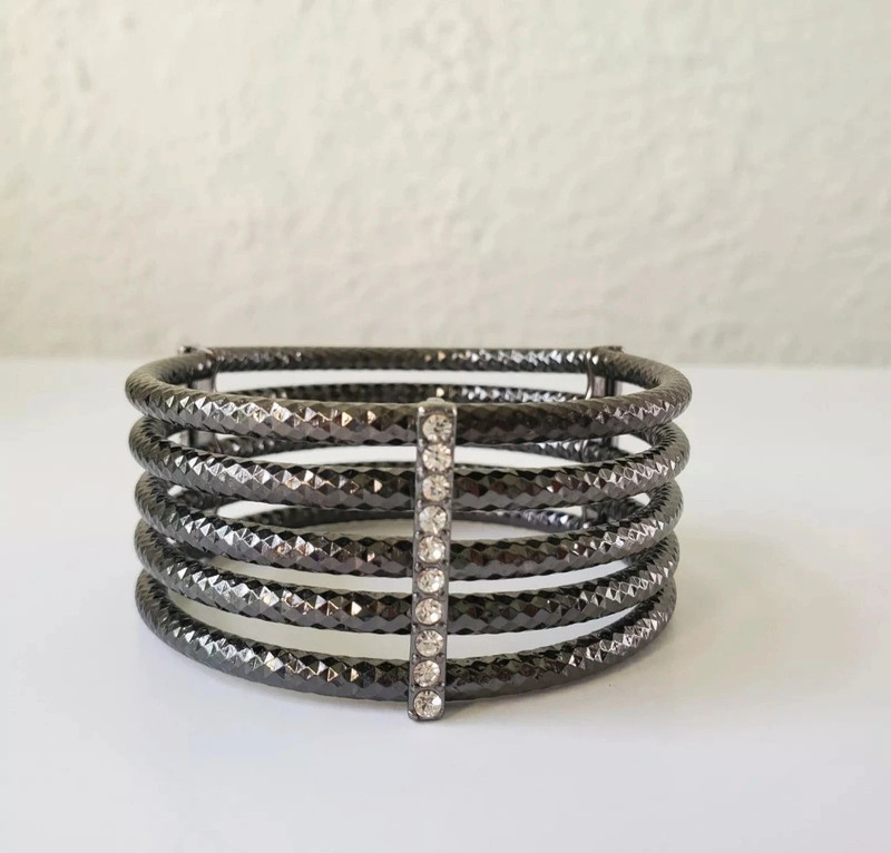 Wide Cuff Bracelet stretch Metal and  Rhinestone Dark Gray Costume Jewelry 1