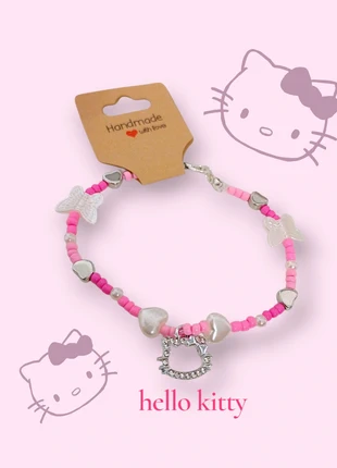 Braccialetto di perline handmade Hello Kitty con farfalle e cuori rosa, estado: Novo com etiquetas, €1.00, €1.75 inclui Proteção do Comprador