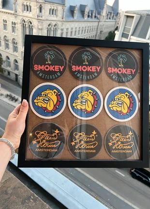 Cadre déco – Sous-bocks Amsterdam (Smokey, Bulldog, Green House), marque: Original, état: Très bon état, 5,00 €, 5,95 € Protection acheteurs incluse