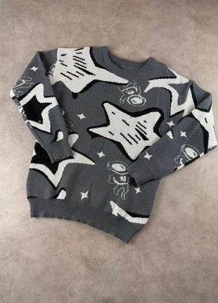 Pull rétro oversize, knit Y2K en coton gris et blanc, noir à motif étoiles - 2000's, brand: Aesthetic, condition: Very good, size: M, €35.00, €37.45 includes Buyer Protection Pro