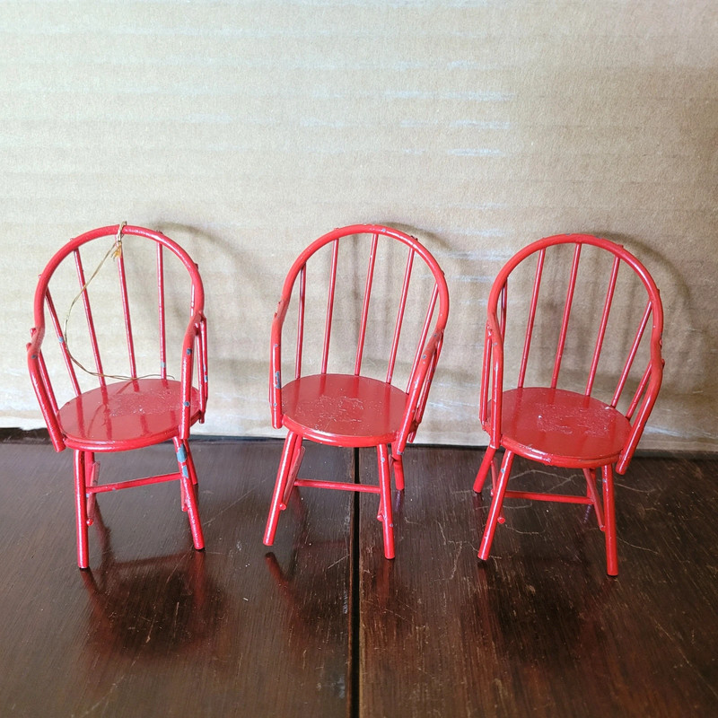 Vintage Midwest Taiwan Christmas Red Metal Lot Of 3 Doll Chair Furniture 1