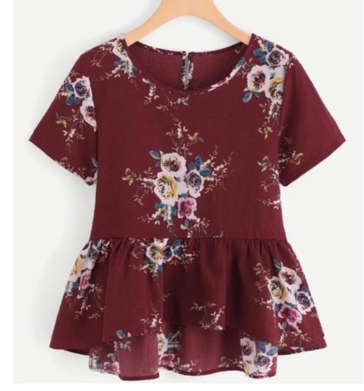 Maroon/Burgundy Floral Peplum Blouse 1