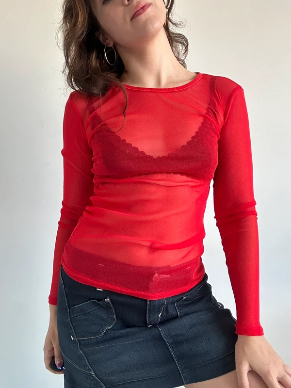 Top rouge transparent à manches longues années 2000 y2k taille S - photo numéro 4