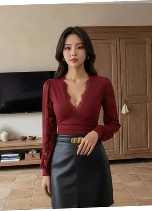 Top bordeaux manches dentelle col dentelle chic soirée, état: Très bon état, taille: M / 38 / 10, 34,90 €, 37,35 € Protection acheteurs (Pro) incluse