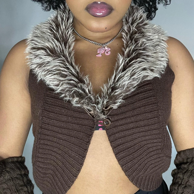 Y2K Brown Knit Fur Sweater Vest Top 5