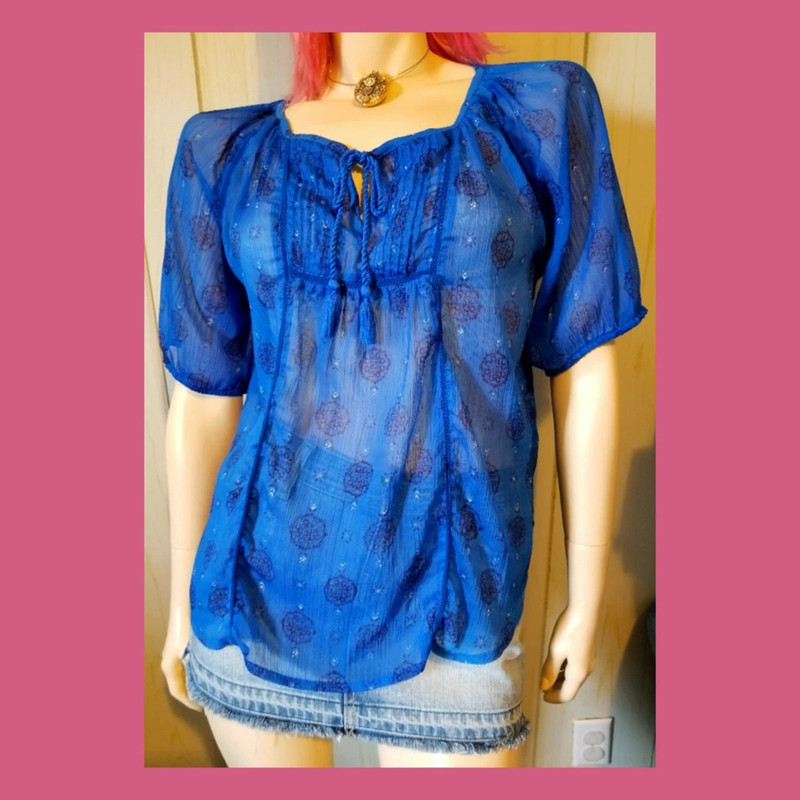 Retro Boho Sheer Sapphire Blue Chiffon Babydoll Peasant Top 1