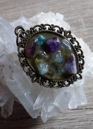 Pendentif pierres naturelles, fait main, améthyste et fluorite, coloris bronze , estado: Novo sem etiquetas, €3.40, €4.27 inclui Proteção do Comprador