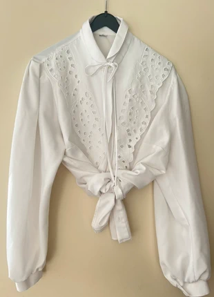 Witte vintage blouse sjaal lint met retro kraag kanten boorduur, merk: Vintage Dressing, staat: Heel goed, maat: XXL / 44 / 16, € 15,00, € 16,45 inclusief Kopersbescherming