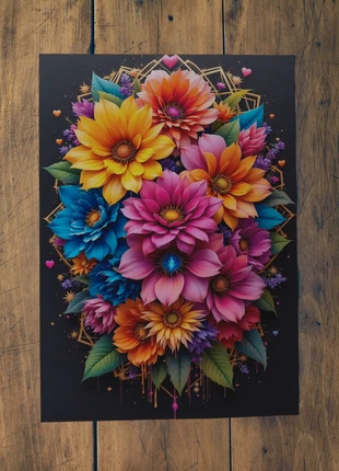 021 - Affiche A3 – Bouquet de fleurs néon – Explosion florale sur fond noir, zustand: Neu, 8,99 €, 10,14 € beinhaltet Vinted-Käuferschutz Pro