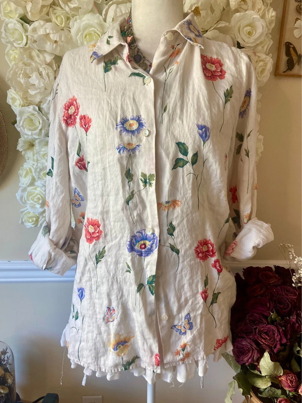 White floral linen button up shirt 1