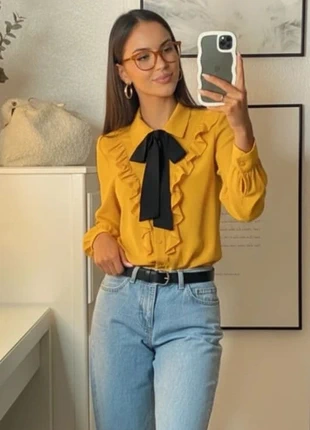 chemise jaune à volants et nœud noir, coupe droite féminine taille M, marque: shawly, état: Très bon état, taille: M / 38 / 10, 44,90 €, 47,85 € Protection acheteurs (Pro) incluse