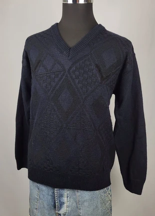 Pull Tricots Paris vintage col V motif géométrique marine, laine/acrylique, fabriqué en Italie, marque: Tricot, état: Très bon état, taille: L, 14,00 €, 15,40 € Protection acheteurs (Pro) incluse