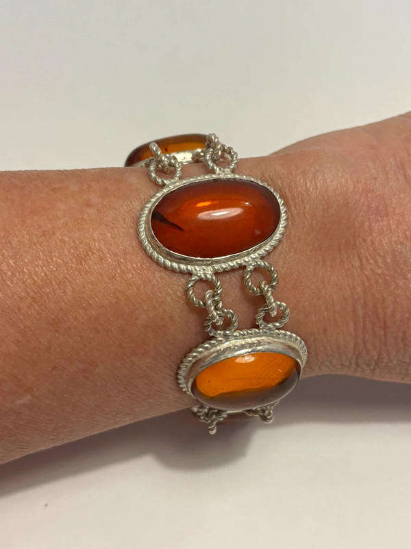 Silver Amber Cabochons Bracelet 7-3/4” 1