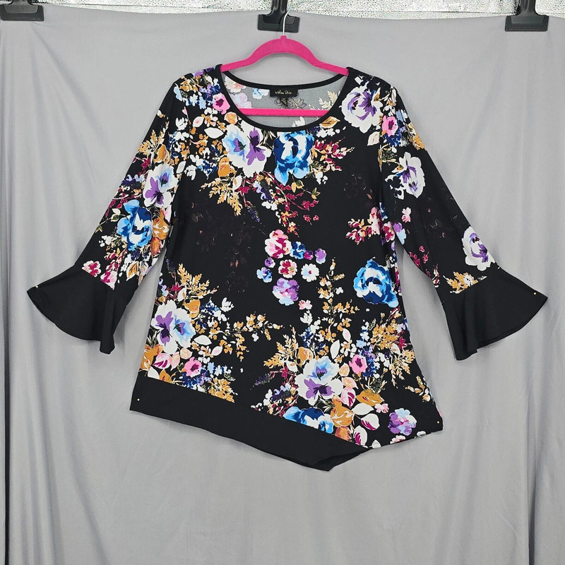Melissa Paige Womens Blouse Large Black Multicolor Floral Pullover Tunic Bell Sl 1