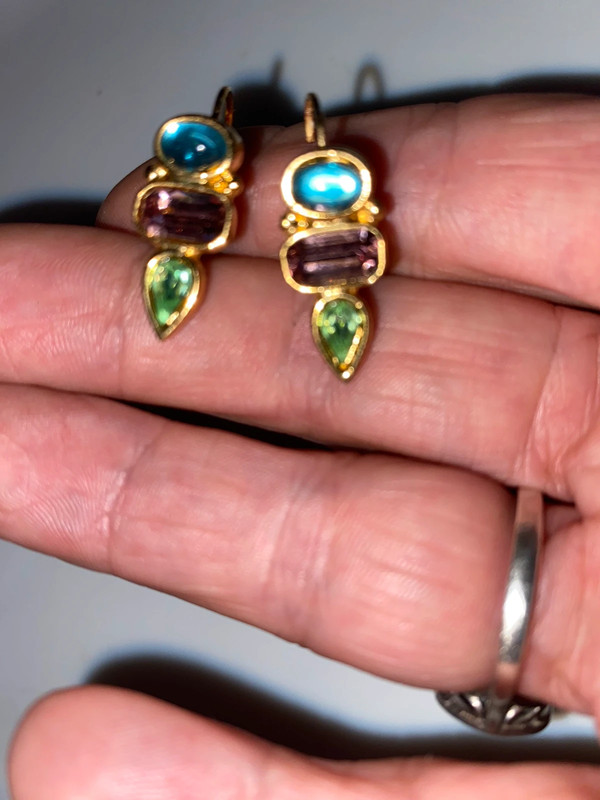 Vintage premiere designs goldtone metal pierced earrings blue purple green cabochon 3