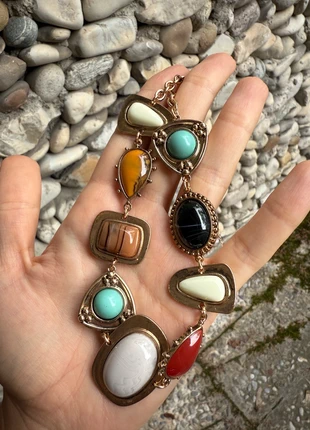 Vintage look multi-stone statement necklace – gold tone, colourful cabochons, marca: Vintage Dressing, estado: Novo sem etiquetas, €10.00, €11.20 inclui Proteção do Comprador