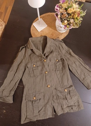 Giacca militare in puro lino verde oliva -stile utility, marca: Donna, estado: Muito bom, tamanho: S / 36 / 8, €13.00, €14.35 inclui Proteção do Comprador