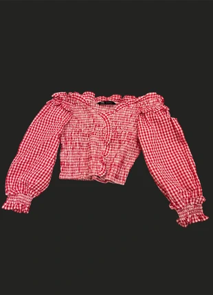Cottagecore Red Gingham Shirred Crop Top Off Shoulder Bardot Blouse Puff Sleeve Frill Detail, marca: Zara, estado: Novo sem etiquetas, tamanho: S / 36 / 8, €10.00, €11.20 inclui Proteção do Comprador
