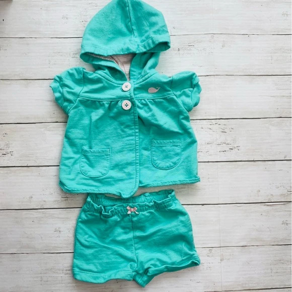 Baby Girl Turquoise Matching Hoodie and Short-Size 9 Months 1