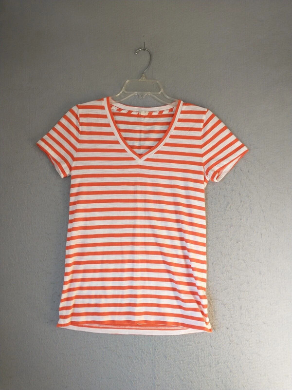 Womens Top Small Orange Striped Short Sleeve V Neck Casual Pullover Shirt 1