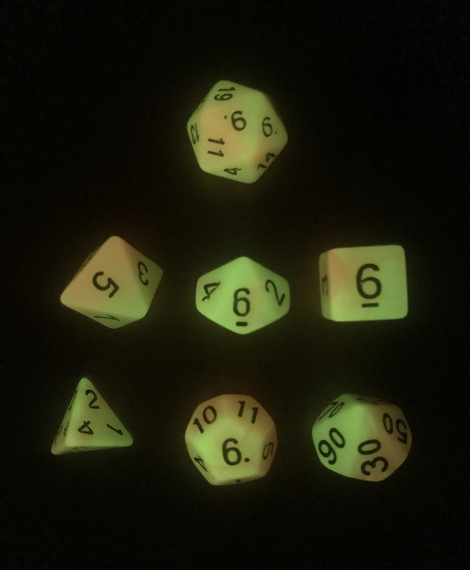 Set 7 Dadi Giallo fluorescenti al buio + bonus / 7 Dice Set Yellow Glow-in-the-dark + bonus 4