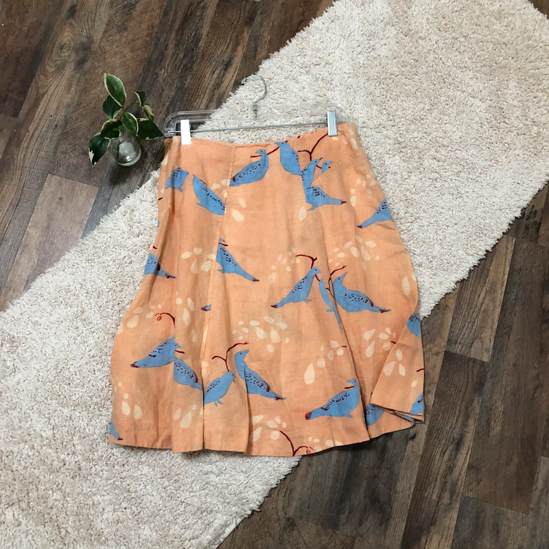 Anthropologie Meadow Rue Size 4 Orange Blue Bird Pattern Linen Knee Length Skirt 2