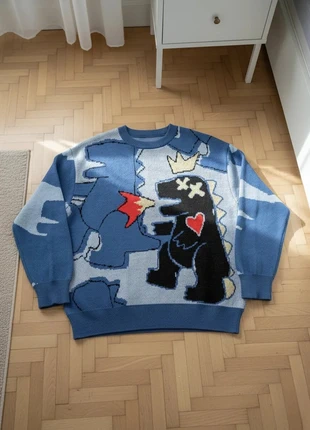 Pull Tricoté Dino – Motif Dinosaure Bleu, Ample & Chaud – Taille M, brand: DinoKnit, condition: Very good, size: M, €66.99, €71.04 includes Buyer Protection