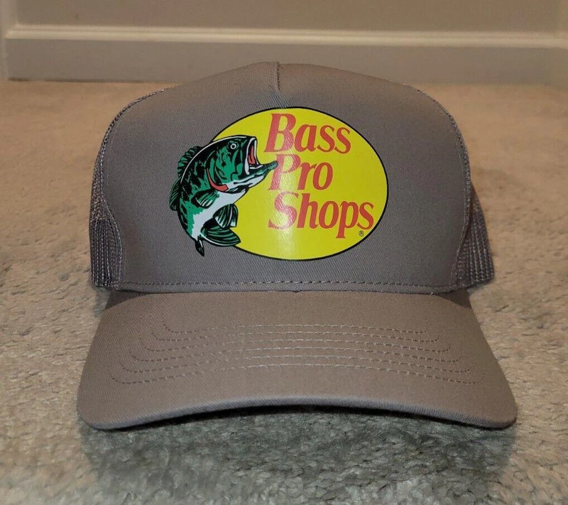 Bass Pro Shops Grey Printed Logo Trucker Mesh Hat Snapback Closure New 1