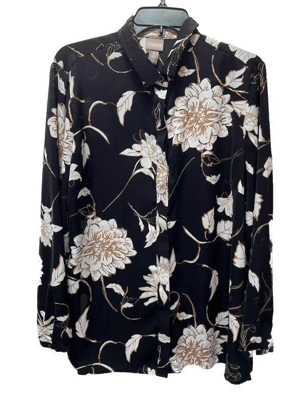 Chico's Black Floral Dark Academia Button Down Blouse Women's Sz 12 Long Sleeve 1