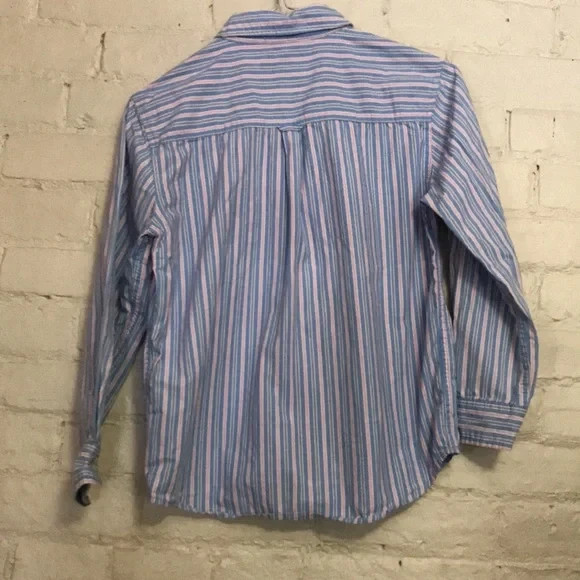 Wrangler Boy Medium 8/10 Blue Pink White Striped Button Down Cotton Dress Shirt 5