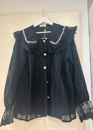 Chemisier noir vintage en dentelle avec grand col orné de perles, état: Neuf avec étiquette, taille: Taille unique, 13,90 €, 15,30 € Protection acheteurs incluse