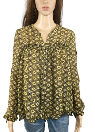 Chemise en voile kaki avec motifs jaunes moutardes femme - Taille 42/44, brand: sans marque, condition: Very good, size: XL / 42 / 14, €12.00, €13.30 includes Buyer Protection Pro
