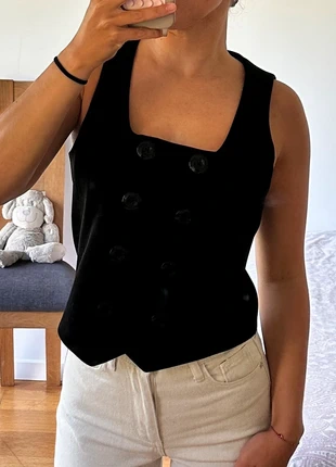 Caroll – haut noir sans manches style blazer chic, merk: Caroll, staat: Nieuw zonder prijskaartje, maat: M / 38 / 10, € 12,00, € 13,30 inclusief Kopersbescherming