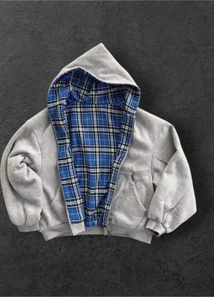 Sweat à capuche zip réversible gris et à motif rayé bleu y2k, marque: y2k, état: Neuf sans étiquette, taille: M, 45,00 €, 47,95 € Protection acheteurs incluse