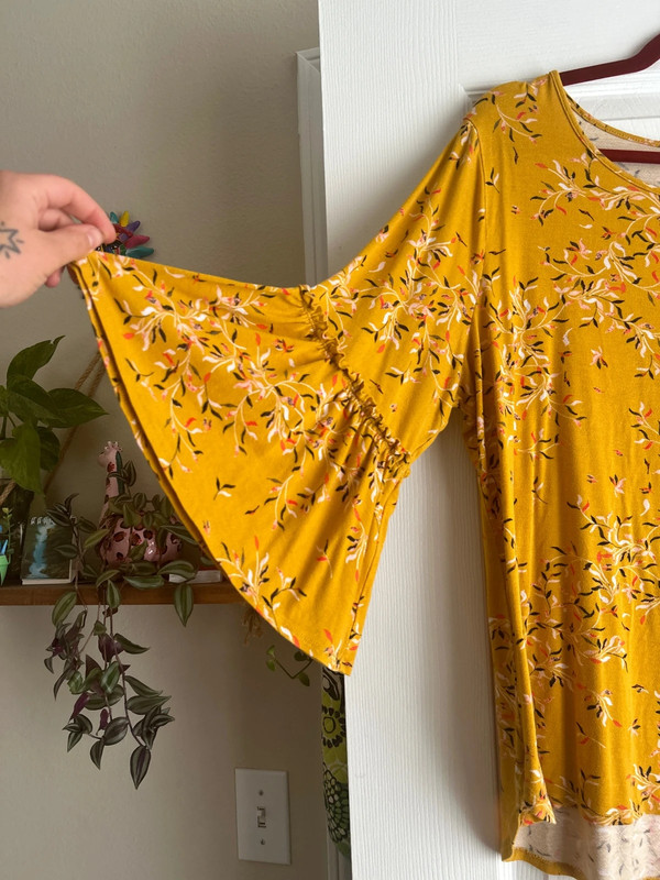 Gold Mustard Shirt with Leafy Pattern & Super Cute Bell Sleeves 2