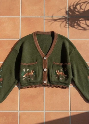 Cardigan Renard Broderie Vert Militaire Rétro Chic, marque: Lioria, état: Très bon état, taille: M / 38 / 10, 42,99 €, 45,84 € Protection acheteurs incluse