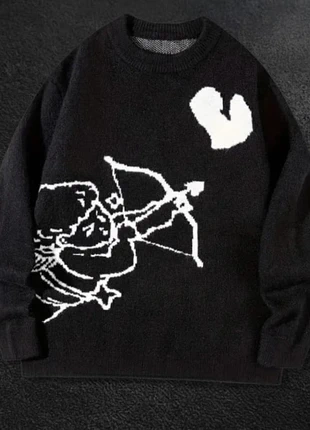 Pull Noir 🖤 Motif Cupidon Ange Blanc Rétro Y2K - Taille M, marca: Vintage Dressing, estado: Muito bom, tamanho: M, €62.90, €66.75 inclui Proteção do Comprador