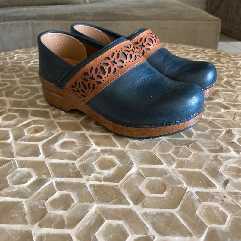 Dansko Pavan full-grain leather Laser cut clogs in navy/brown 3