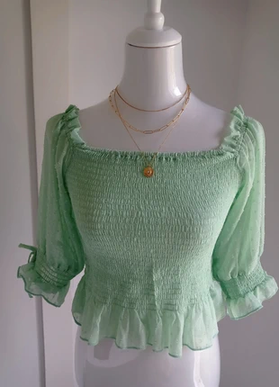 Magnifique haut blouse court vert d'eau avec noeuds sur les manches T.M Jennyfer, merk: Jennyfer, staat: Heel goed, maat: M / 38 / 10, € 8,50, € 9,63 inclusief Kopersbescherming Pro