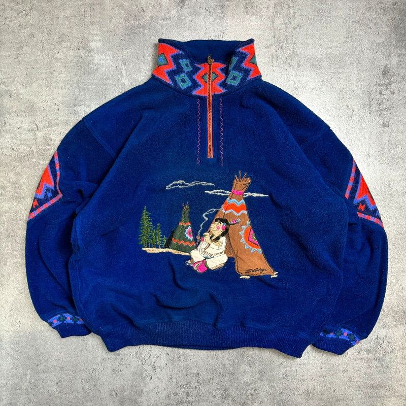 Granatowy rozpinany polar we wzory strukturalny vintage quarter zip ...