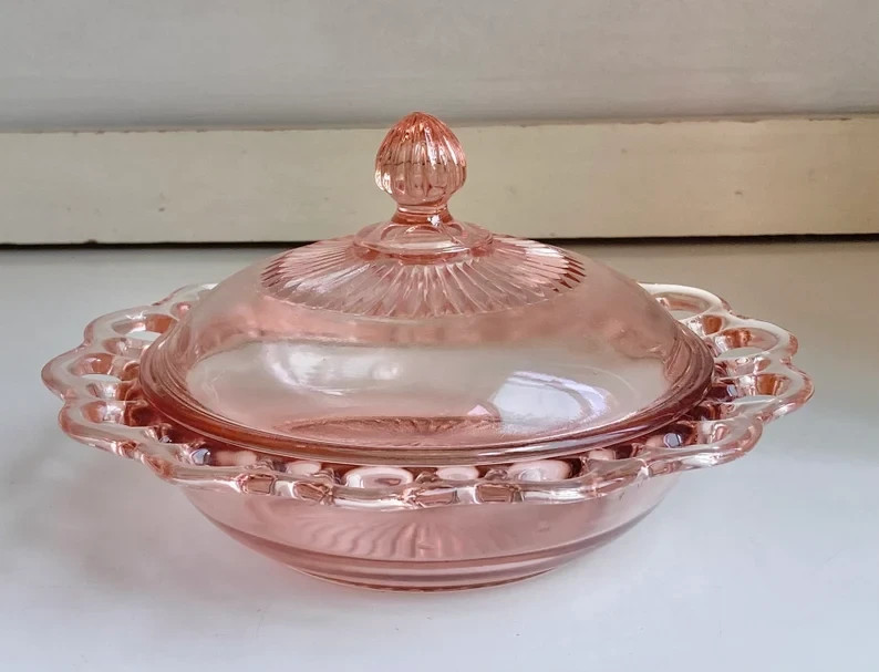 Vintage Pink Depression Glass Open Lace Lidded Dish by Anchor Hocking 7.5 inch 3