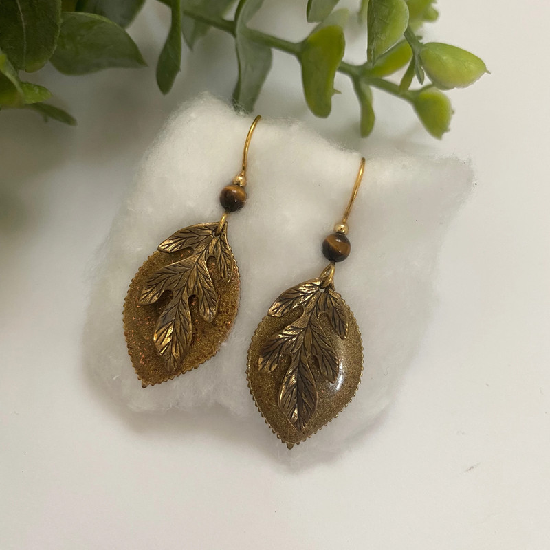 Forrest fairy glitter gold brass feather leaf earrings 3