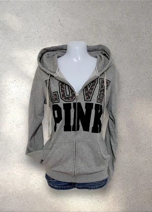 VS pink “Love Pink” Grey & Black Zip Up Hoodie w/ Flower & Velvet Lettering Details, brand: Victoria's Secret PINK, condition: Very good, size: S / US 4-6, $35.00, $37.45 includes Buyer Protection