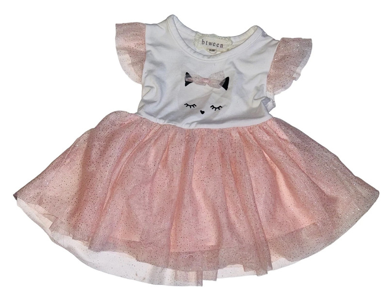Btween Baby Dress Girls Size 6-9 Months Pink & White Cat with Tulle Skirt 1