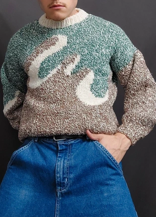 Pull Vintage 80s Boxy Fit en Maille Bouillie Vert / Marron Chiné à Motifs Imprimé (M), brand: Vintage Dressing, condition: Good, size: M, €24.00, €25.90 includes Buyer Protection Pro