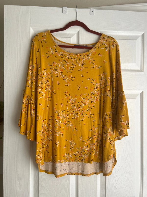 Gold Mustard Shirt with Leafy Pattern & Super Cute Bell Sleeves 1