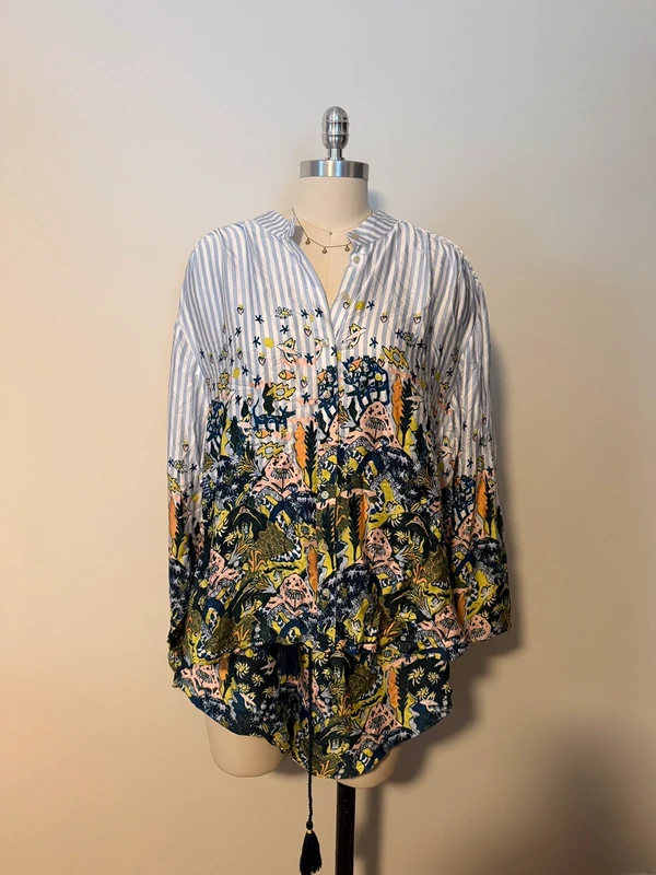 Anthropologie Striped and Abstract Printed Silky Pajama Set