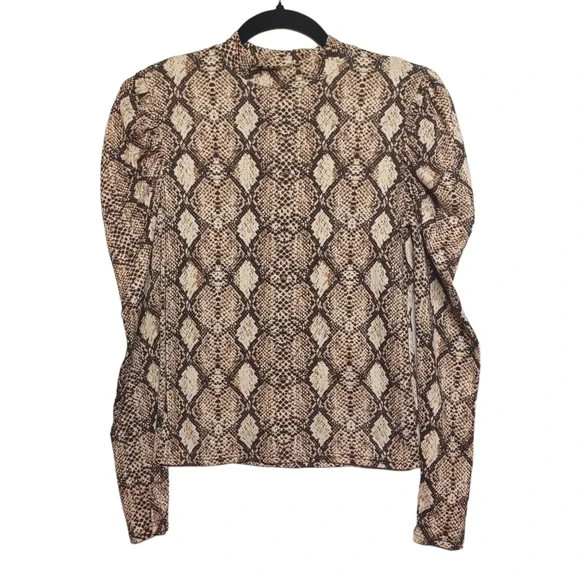 Wild Love Snakeskin Reptile Animal Print Long Sleeve Stretchy Brown Cream Top S 2