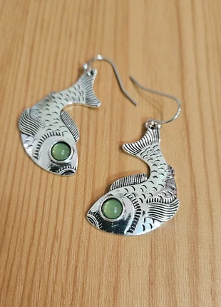 Koi fish dangle earrings with green eye stone – antique silver vintage style, brand: Wolf & Badger, condition: New without tags, £9.00, £10.15 includes Buyer Protection