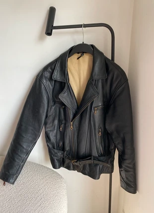 Vintage oversized zwart leren motorjacket / bikerjacket L/XL, merk: Vintage Dressing, staat: Heel goed, maat: L / 40 / 12, € 50,00, € 53,20 inclusief Kopersbescherming